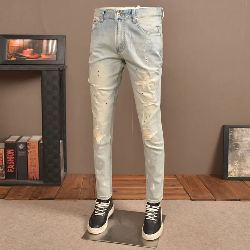 Fashion Streetwear Men Jeans High Quality Retro Washed Blue Stretch Slim Ripped Jeans Men Painted Designer Vintage Denim Pants
