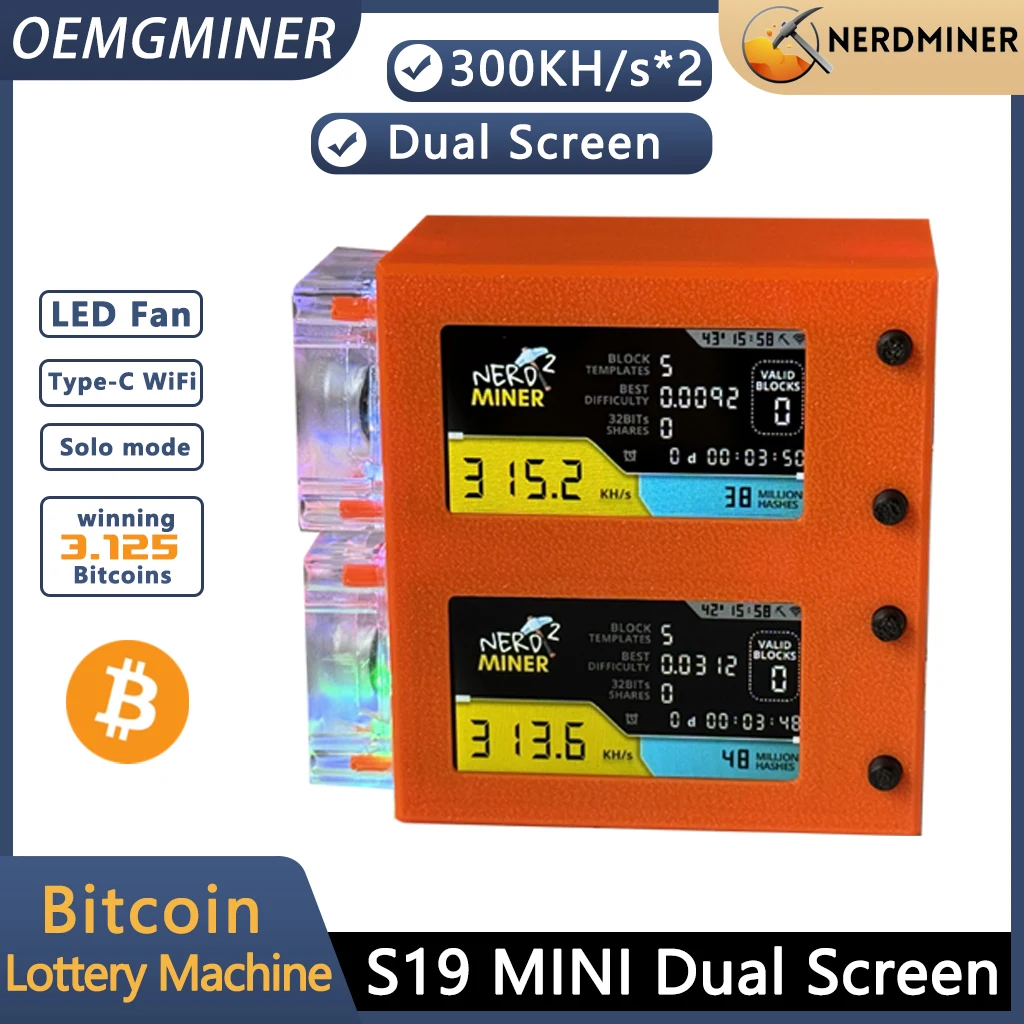 

New NerdMiner S19 Mini 300k/s*2 Dual Screen Bitcoin Solo 600K/s Lottery Miner Win 3.125BTC Mini Lucky Lottery Asic Miners