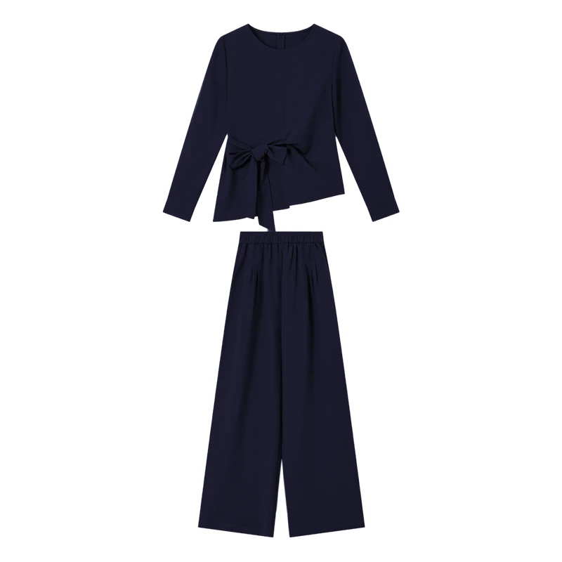 VIMLY Set di pantaloni da pendolare casual da donna Autunno Nuovo set di due pezzi solido Tie-frente Manica lunga O-Collo Top Pantaloni a gamba larga Set A2900