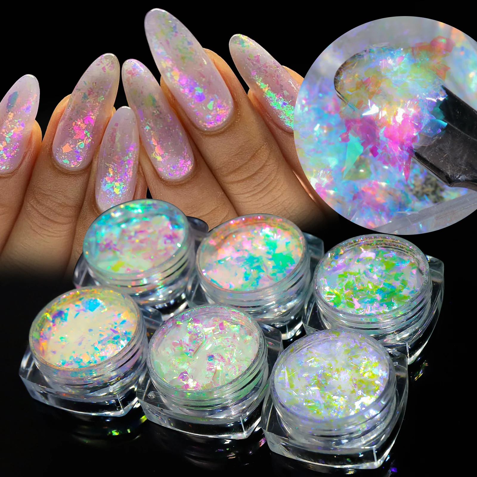 오로라 인어 네일 스팽글 글리터 플레이크 깨진 유리 네온 플레임, 홀로그램 아이스 슬라이스, 페일렛 아크릴 핑크 파우더 네일 아트