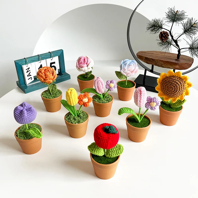 

Handmade Creative Woven Eternal Flowers Roses Sunflowers Tulips Artificial Plants Potted Desktop Bedroom Knitted Ornaments Gift