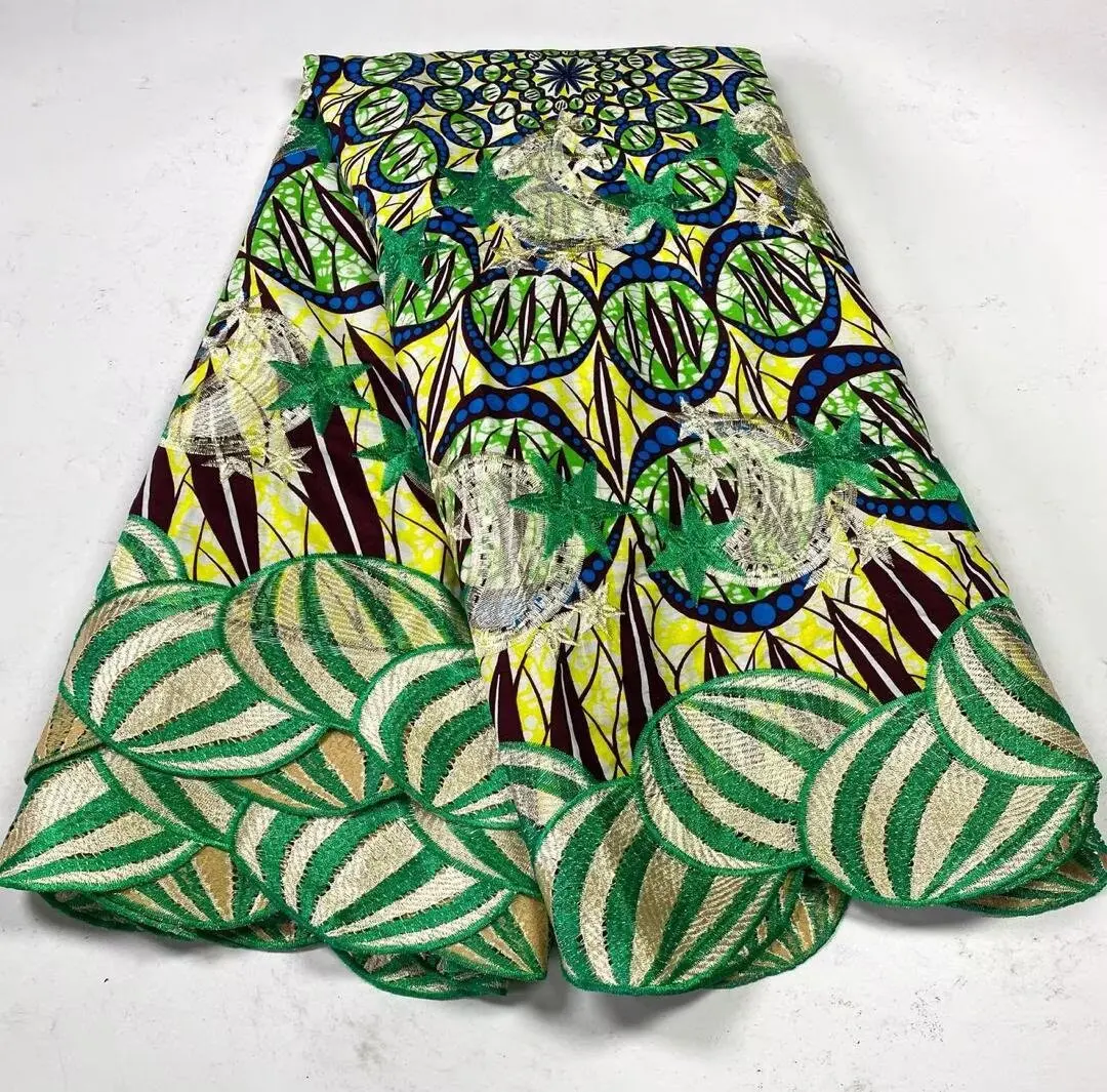 6 yard African Wax Brocade Lace Fabric Hight Qualiy 100%Cotton Ankara Wax Satin Print Lace Fabric For Woman Evening Dresses 1070