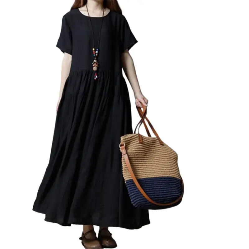 

2024 Vintage Women Summer Full Dresses Cotton Linen O-neck Short Sleeve Solid Color Long Dress Female Vestidos elegante mujer