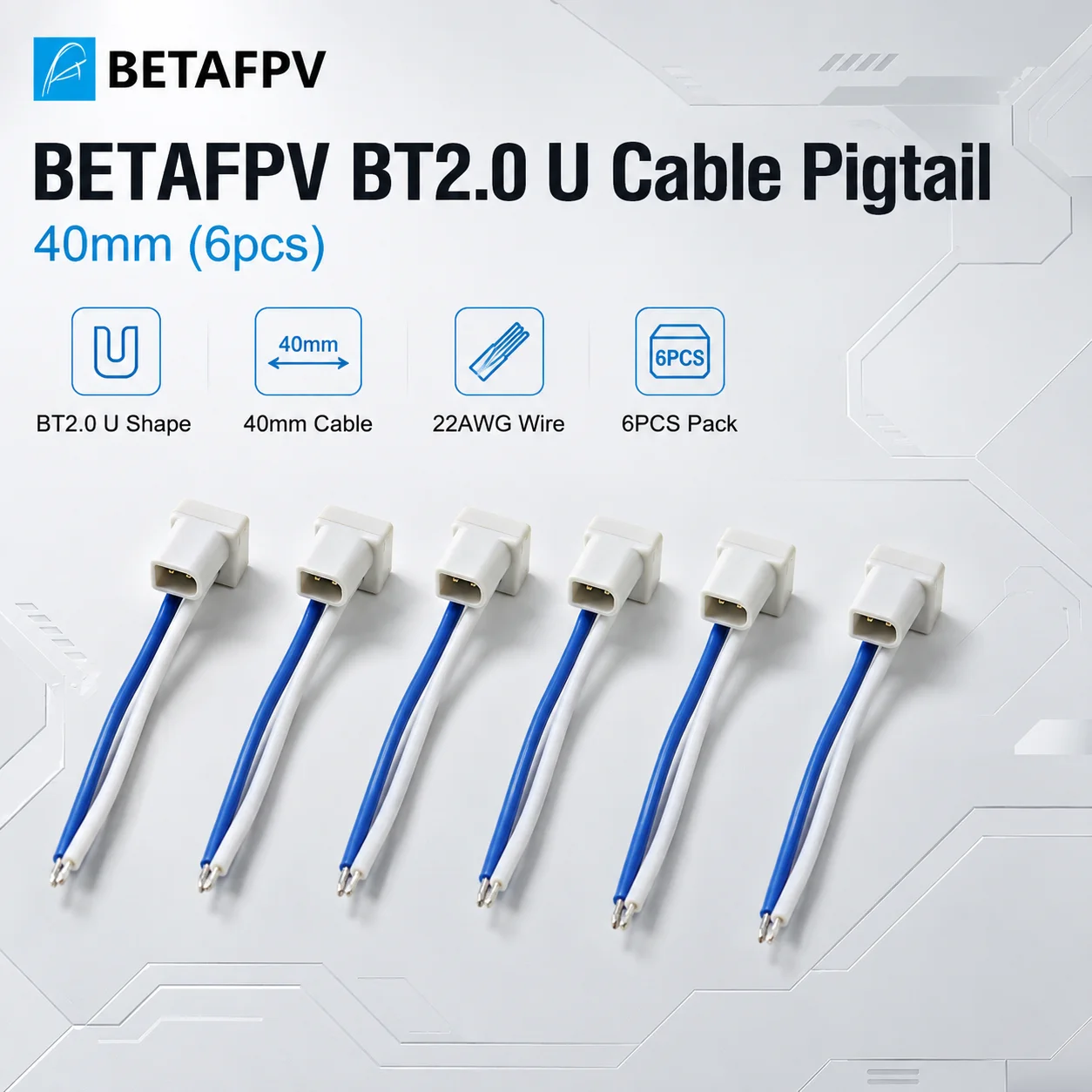 BETAFPV BT2.0 U Cable Pigtail 6PCS 40mm 22AWG Male Connector 180 Degree For 1S FPV Tiny Whoop Drone AIO Flight Controller Cables
