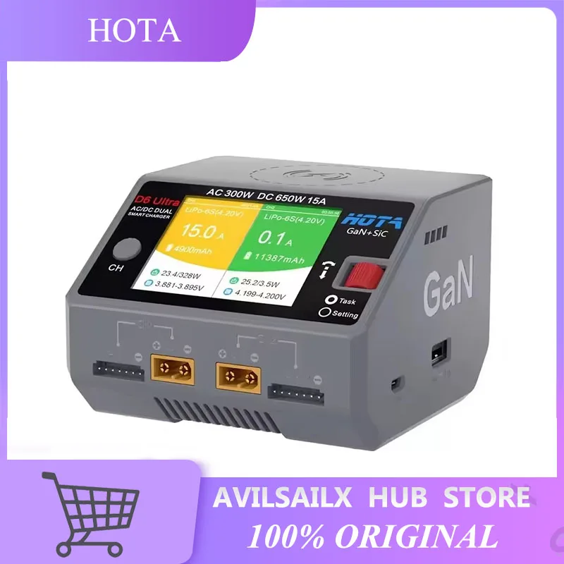 HOTA D6 Ultra GaN+SiC Dual Channel Charger AC300W DC650W XT60 Port Support 1-6S LiPo LiHV Li-ion NiMH RC Battery Fast Balance Ch