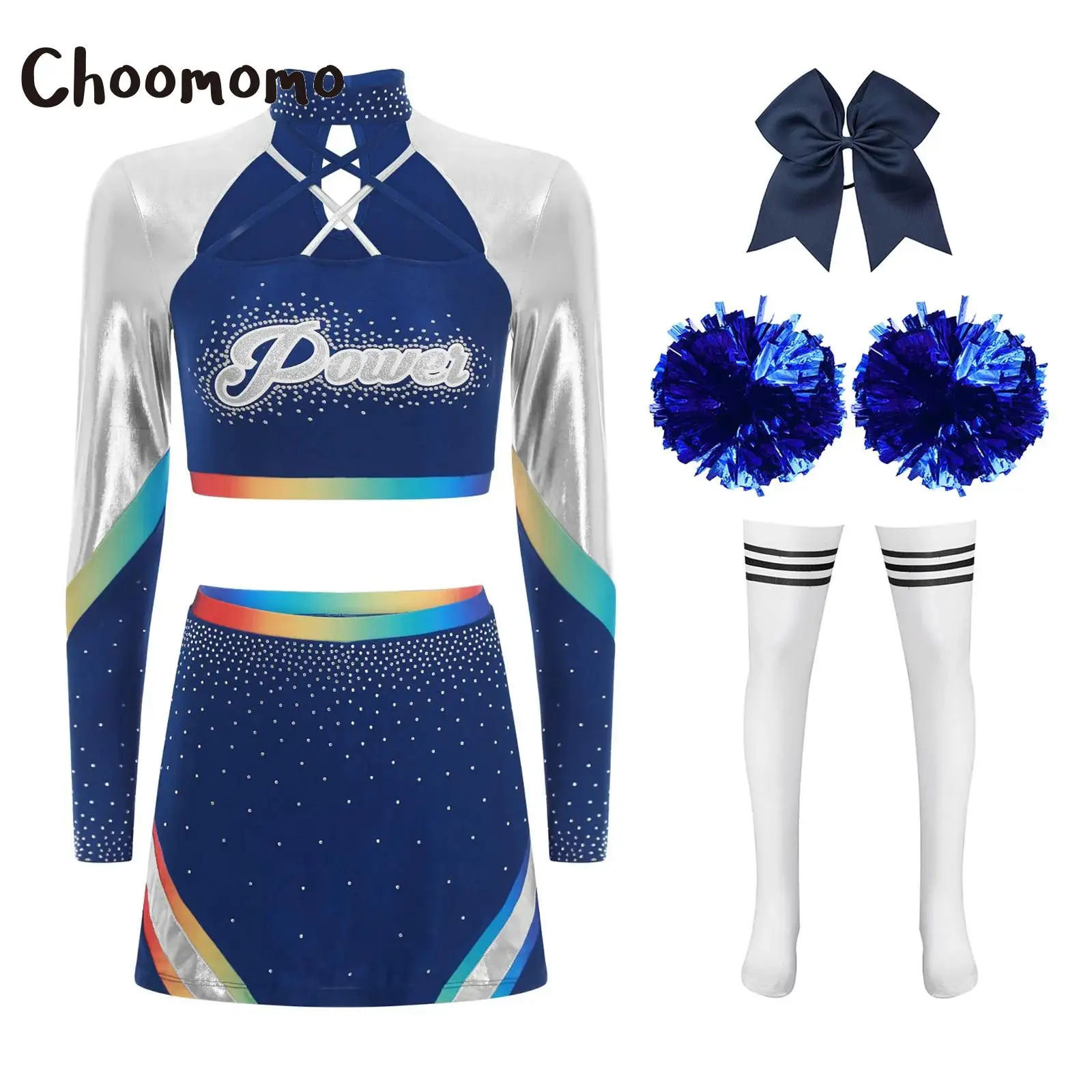 

Cheerleading Costume Dance Uniform Outfit for Women Female Competition Cheer Up Dance Set with Crop Top Skirt Headband and Socks
