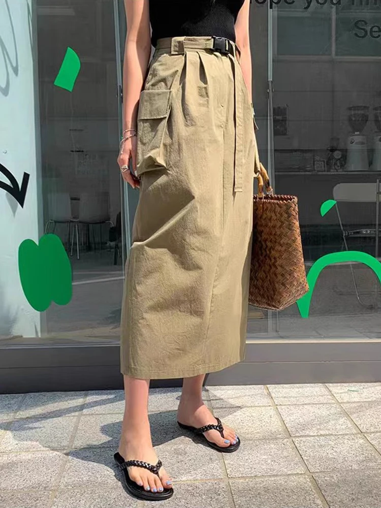 ZHISILAO New Elastic Waist Cargo Skirt Women Casual Y2K Khaki A-line Skirt Midi Spring Summer 2024