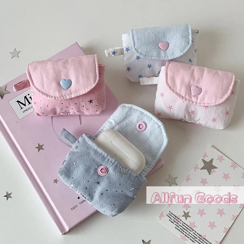 Fashion Mini Earphone Storage Bag Snap Button Sequined Stars Bluetooth Headset Case Key Jewelry Protective Pouch For Women Girls