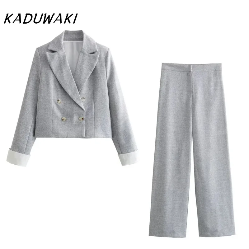

KADUWAKI Spring Y2k Women's Fashion Short Double Breasted Casual Suit Coat High Waist Straight Leg Trouser Two-piece Set 트위드 투피스