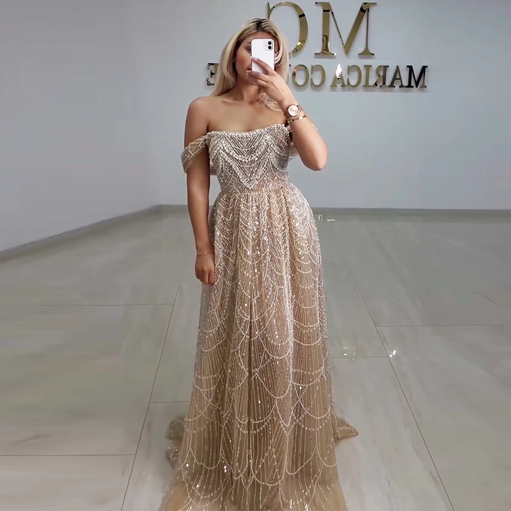 Elegant Pearls Aline Evening Celebrity Dress for Women 2026 Off the Shoulder Long Formal Prom