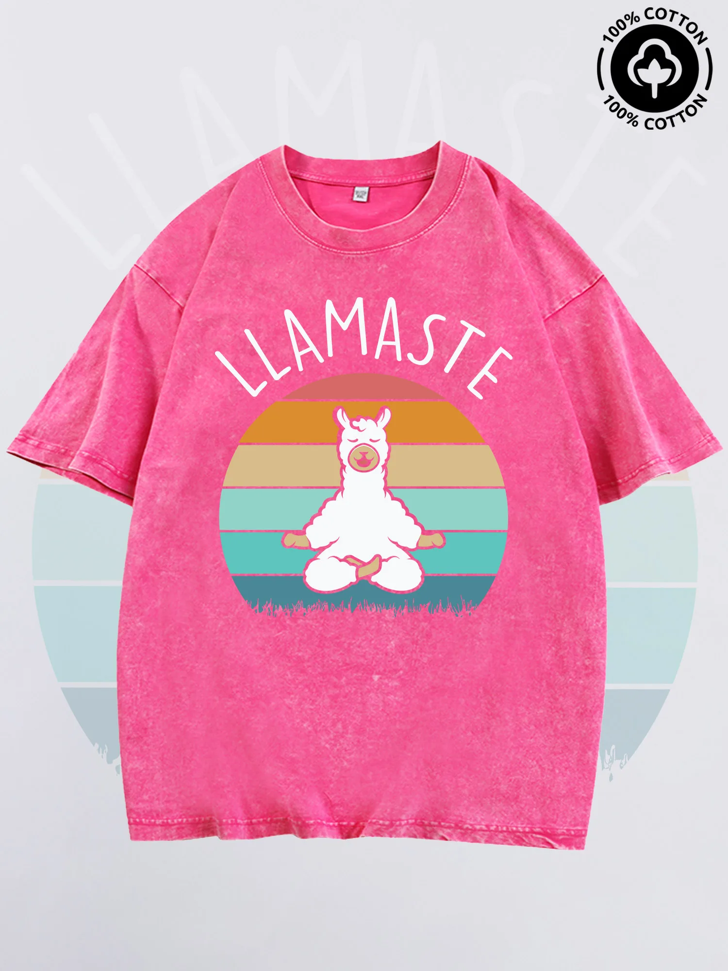 تي شيرت LLAMASTE Yogo للرجال برسوم جرافيك، تي شيرت وردي عتيق من القطن الخالص، تي شيرت خفيف الوزن بكتف منسدل