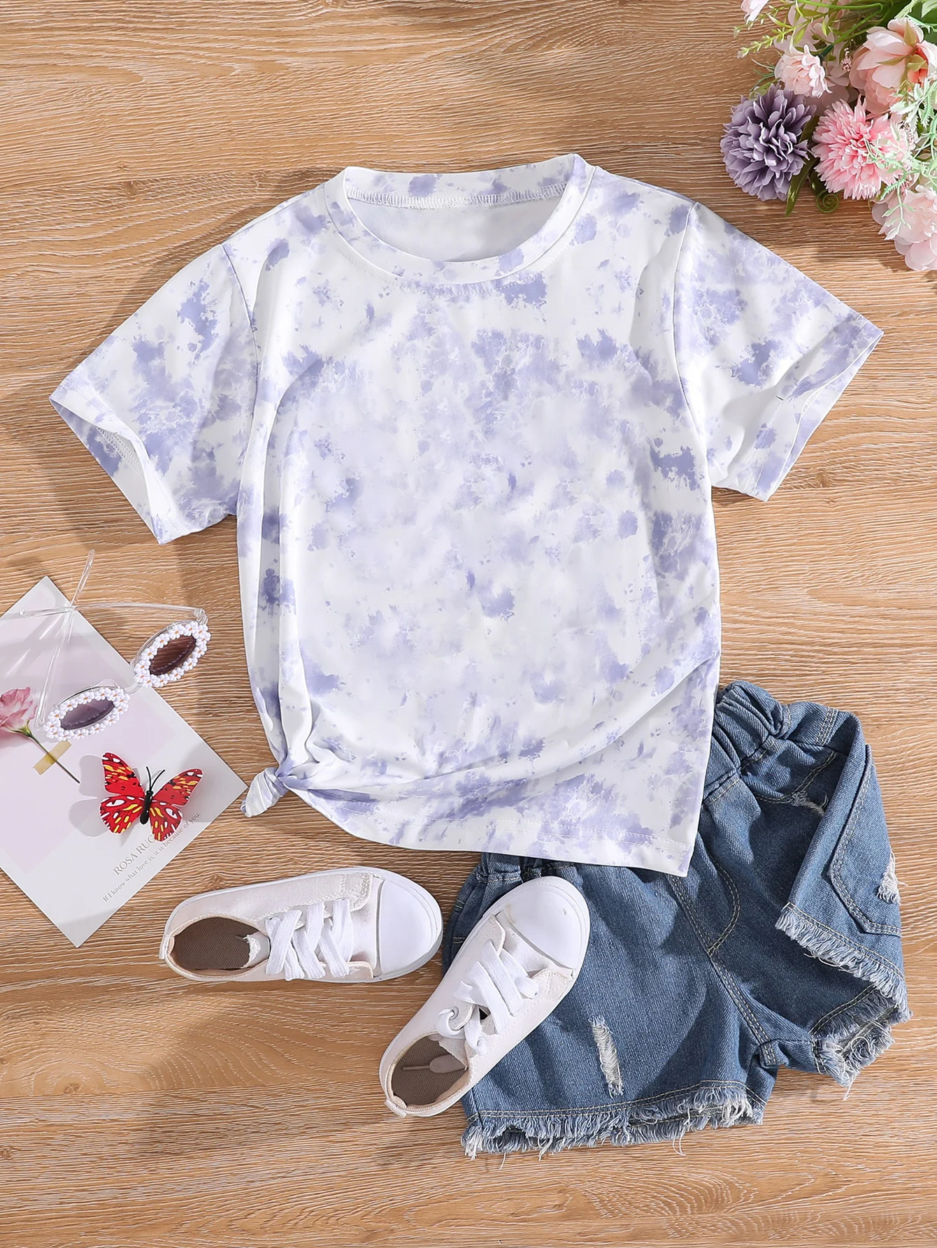 Girls' white tie-dye hem round neck short-sleeved T-shirt, summer casual everyday soft and breathable basic T-shirt