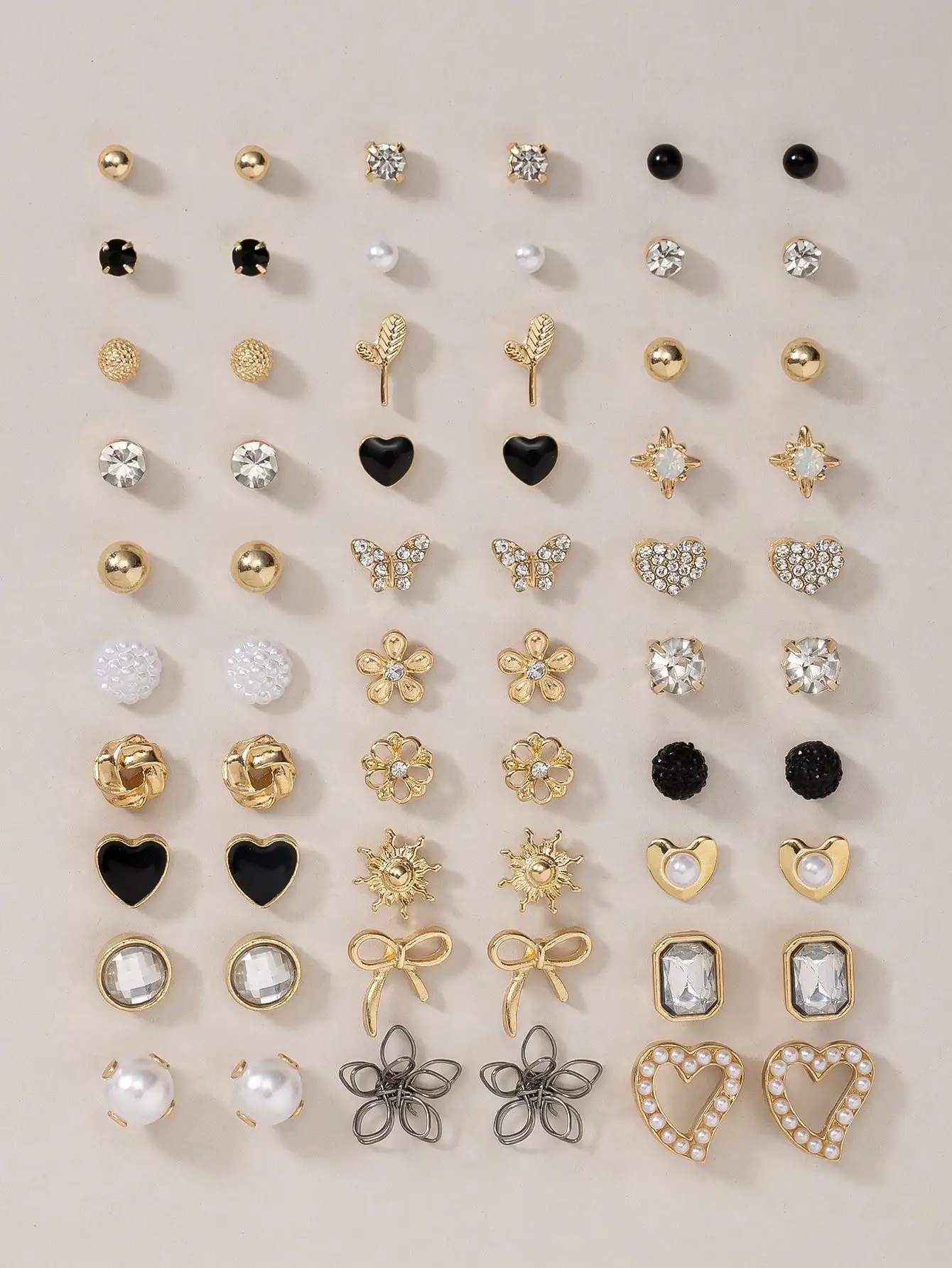

30 Pairs Assorted Stud Earrings Set with Hearts, Butterflies, Flowers & Rhinestones - Perfect for Daily Wear & Gifts