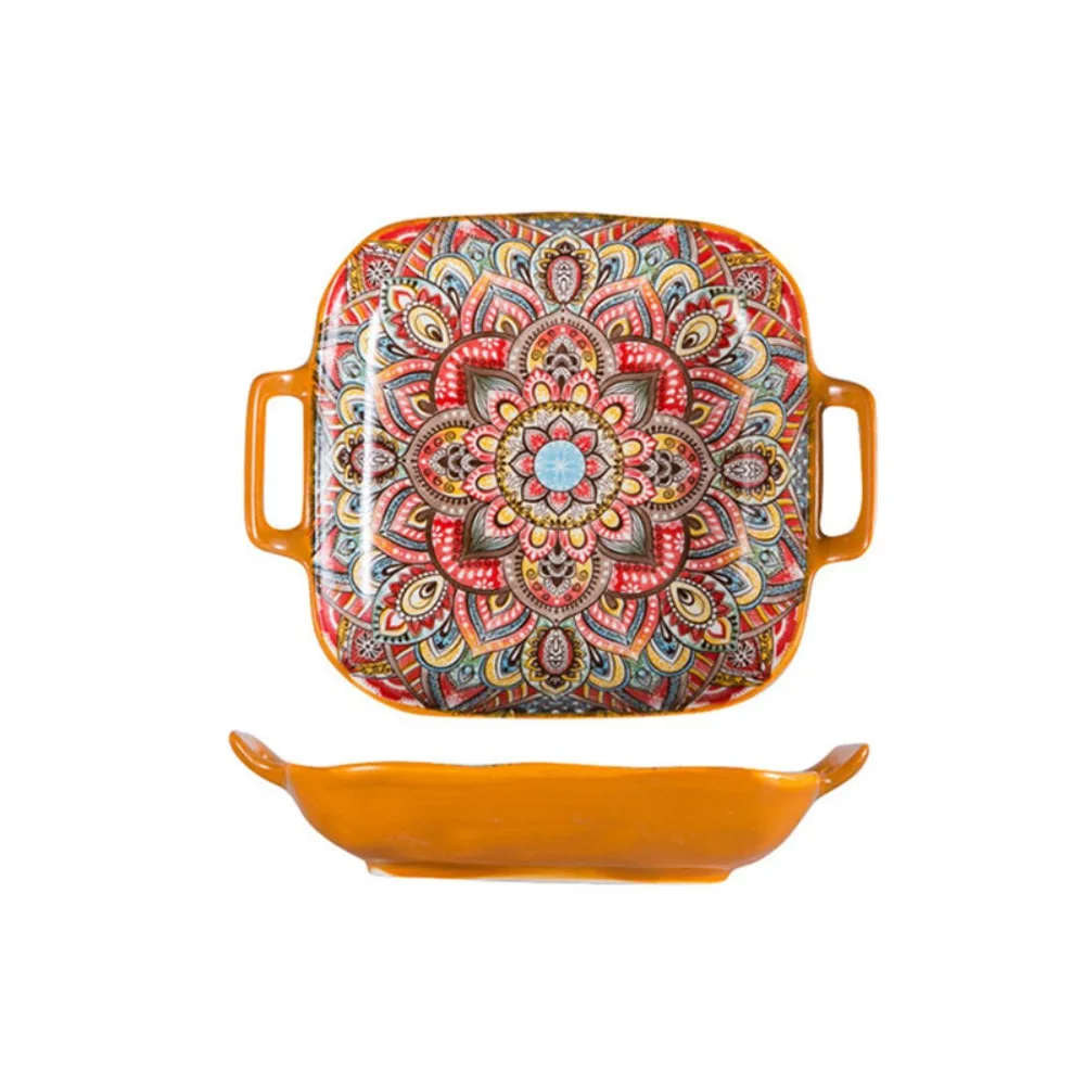 

Dinnerware Binaural Handle Bohemian Ceramic Plate Colorful Retro Dinner Plate Square Salad Dish Oven