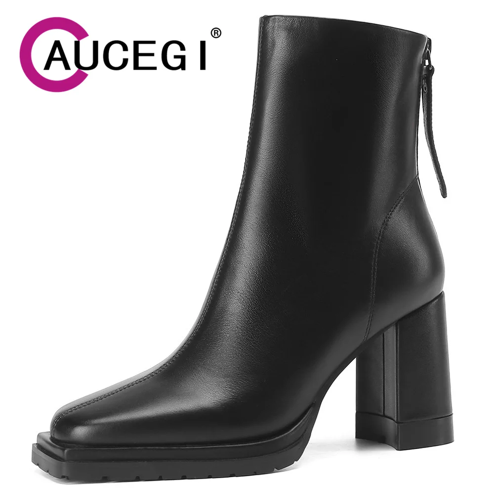 

Aucegi Beige Black Party Versatile Shoes Woman Autumn Winter New Elegant Square Toe Thick High Heel Zip Cow Leather Ankle Boots