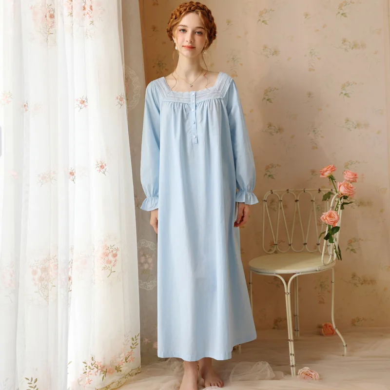 Women Large Size Cotton Nightdress French Lace Square Collar Full Sleeves Nightie Spring Long Ankle-Length Nightgowns Homedress