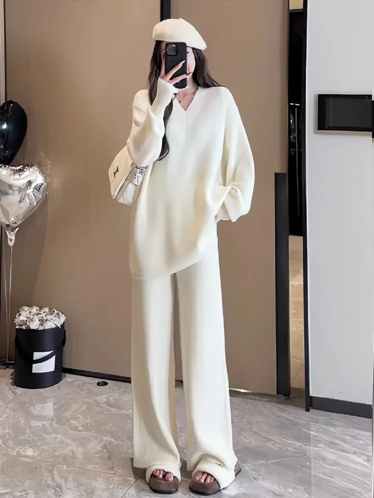 Lazy Wind Knitted Sweater Set Women\'s Autumn and Winter New Korean Version Loose High-quality Wide-leg Pants Two-piece Set Thick