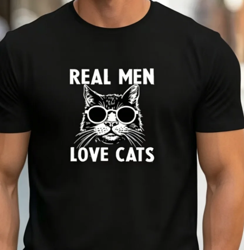 Men's Trendy Hand-Drawn Kitten Print Regular Shoulder T-Shirt Casual Men's T-Shirt Round Neck Short Sleeved T-Shirt Holiday Gift