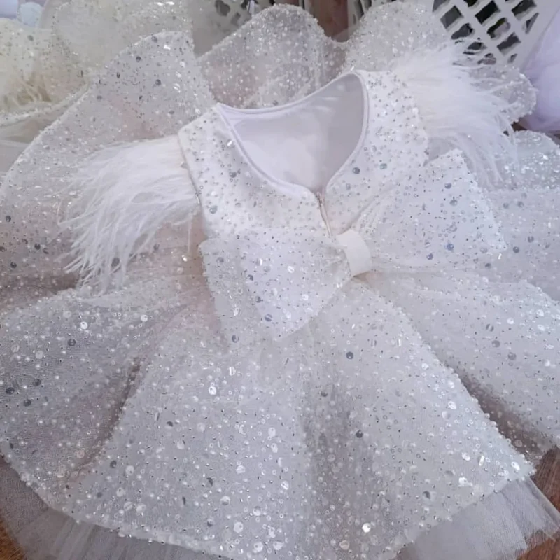 Vestidos cortos con purpurina color champán para bebé, vestidos de desfile de cumpleaños para niño pequeño, vestido de tul hinchado con plumas y flores para niña, vestido de fiesta de graduación con lazo