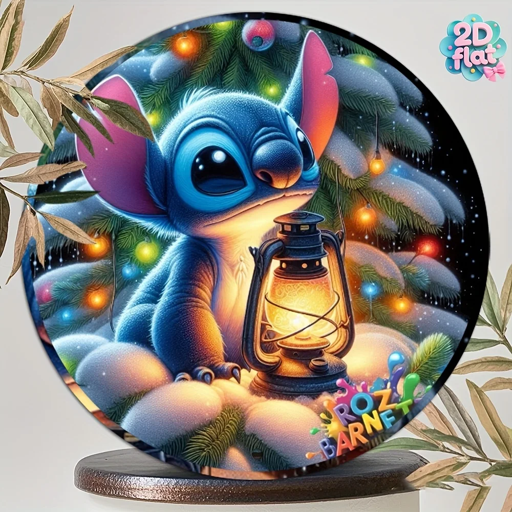 قطعة واحدة من لافتة فنية جدارية معدنية مستديرة لعيد الميلاد - ديكور عطلة عتيق مع مشهد ثلجي وأضواء وامضة، منزل ألومنيوم متين