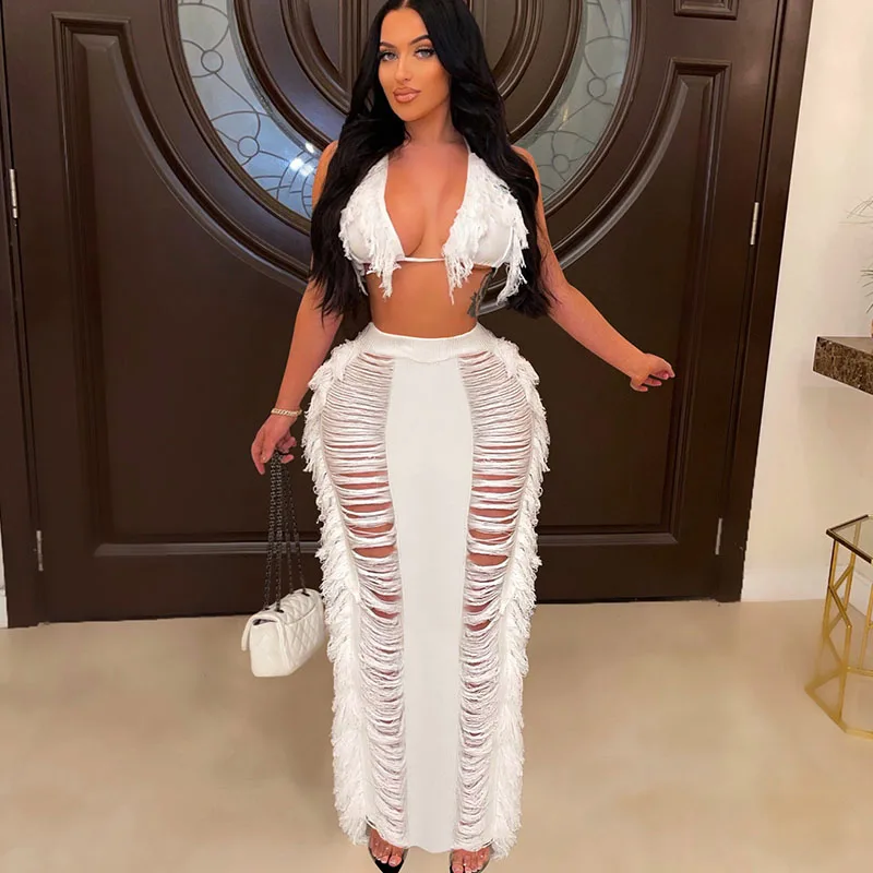 

Sexy Crochet Hollow Out Beach Dress Sets Womens Outfits Two Piece Set Summer Vacation Bra Crop Top and Long Skirt Matching Sets