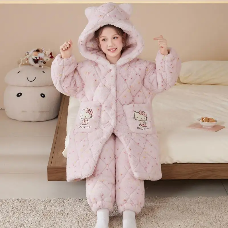 

Sanrio Y2K Kid Hello Kitty Plush Pajamas Set Cartoon Long Homewear Anime Thickened Sleepwear Suit Cute Sweet Nightwear Girl Gift