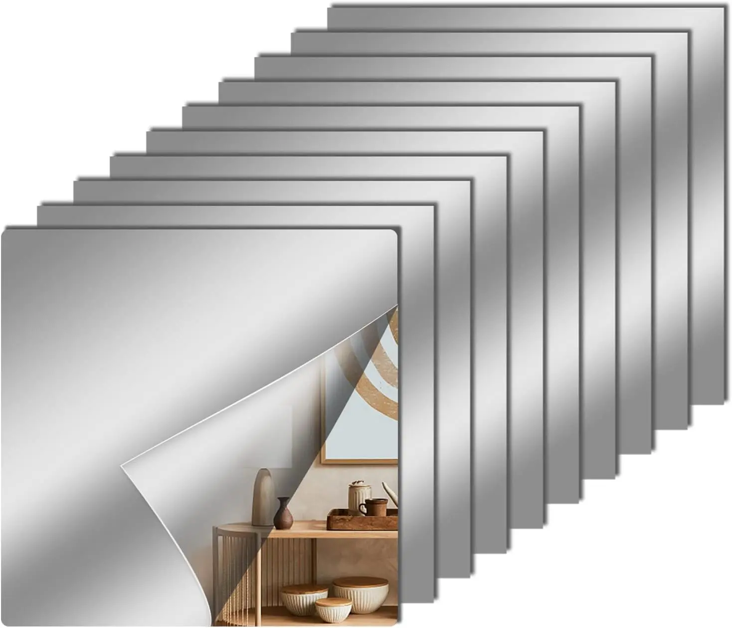 

12 Flexible Mirror Sheets 12x12 Self Adhesive Cuttable Wall Tiles Non Glass Safety Reflective DIY Home Decor