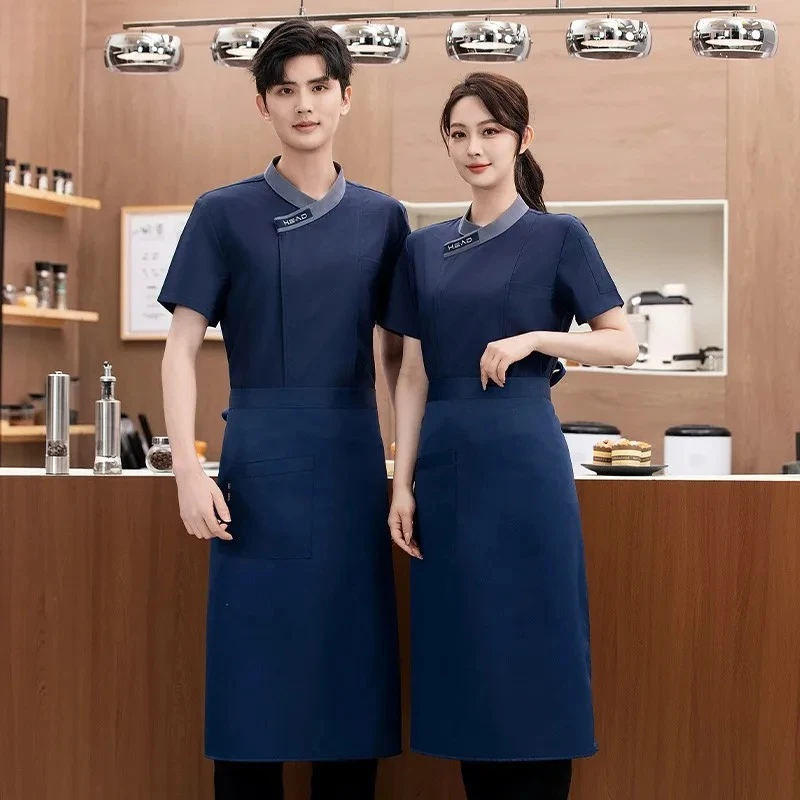 Western Restaurant Steakhouse Chef Jacket with Slanted Collar, Short Sleeve Thin Breathable Catering Workwear