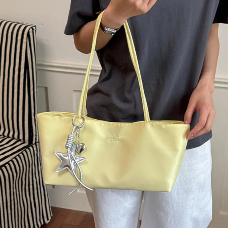 Kawaii Yellow Green Satin Shoulder Bag Ladies Silver Star Pendant Decor Long Handle Small Tote Purse Summer Daily Travel Handbag view 3