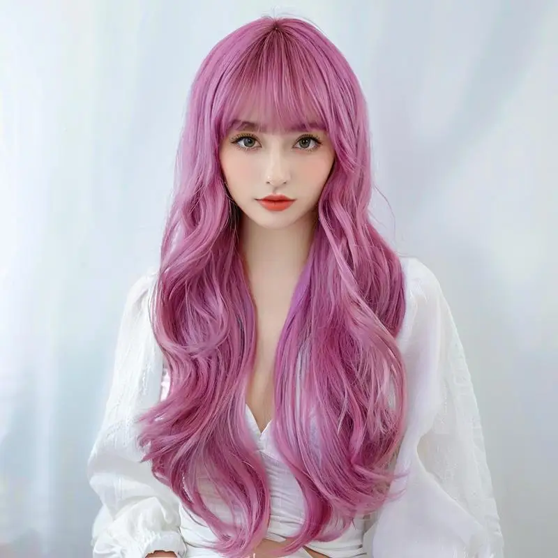 

Light vine-colored long curly hair with bangs, lolita wig, full headpiece made of high-temperature synthetic fiber
