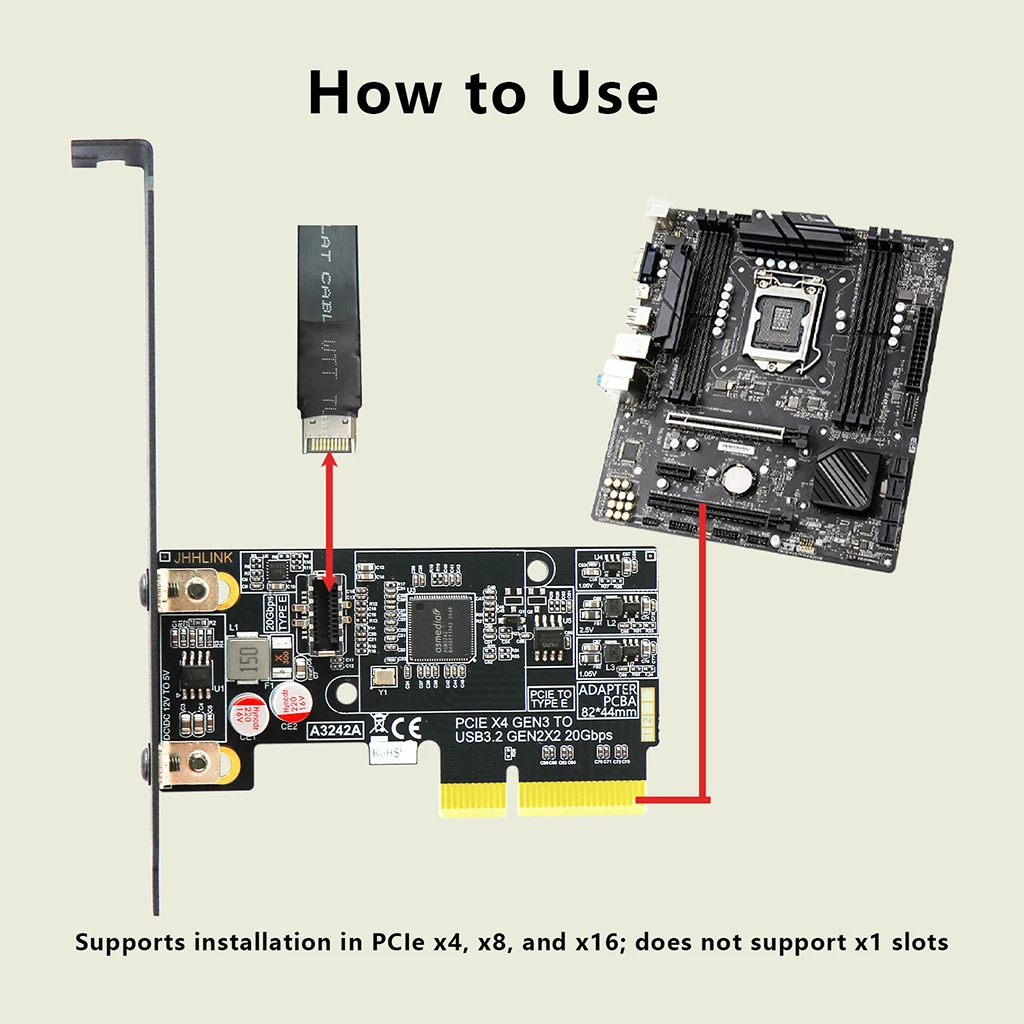 PCI‑E 3.0 X4 to Type‑E Expansion Card ASM3242 Chip USB3.2 Gen2x2 20Gbps Internal Front‑Panel Type‑E Adapter Card For Desktop PC