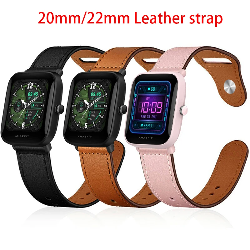 20mm 22mm Leather Strap For Amazfit GTS 4/3/2/2e Mini/GTR 4 3 pro 47mm /stratos 3 Smart Watch Band Amazfit Bip S/U/Lite/pro