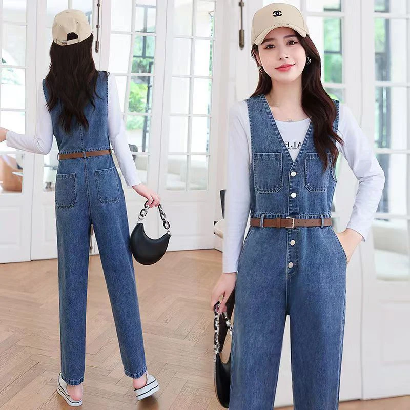 

Новинка 2026: Корейский джинсовый комбинезон для женщин, весна-осень, свободный крой, модный цельный комплект с длинными брюками, антивозрастной эффект