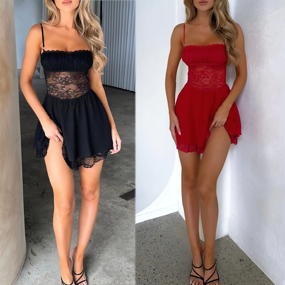 BKLD New Fashion Solid Color Spaghetti Strap Dress Lace Patchwork Sexy Night Club Outfits Y2k Clothes Women Short Dresses