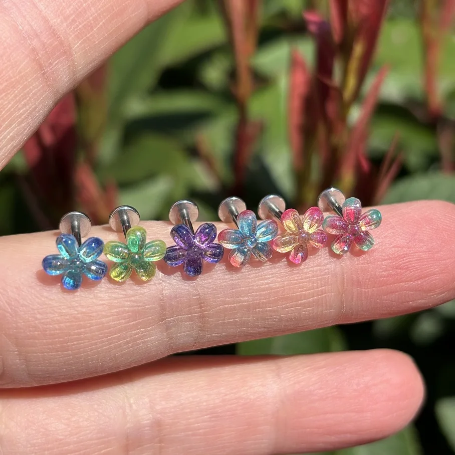 New Stainless Steel 16G Resin Dopamine Flower Internal Thread Labret Lip Tragus Helix Daith Cartilage Piercing Earring Jewelry