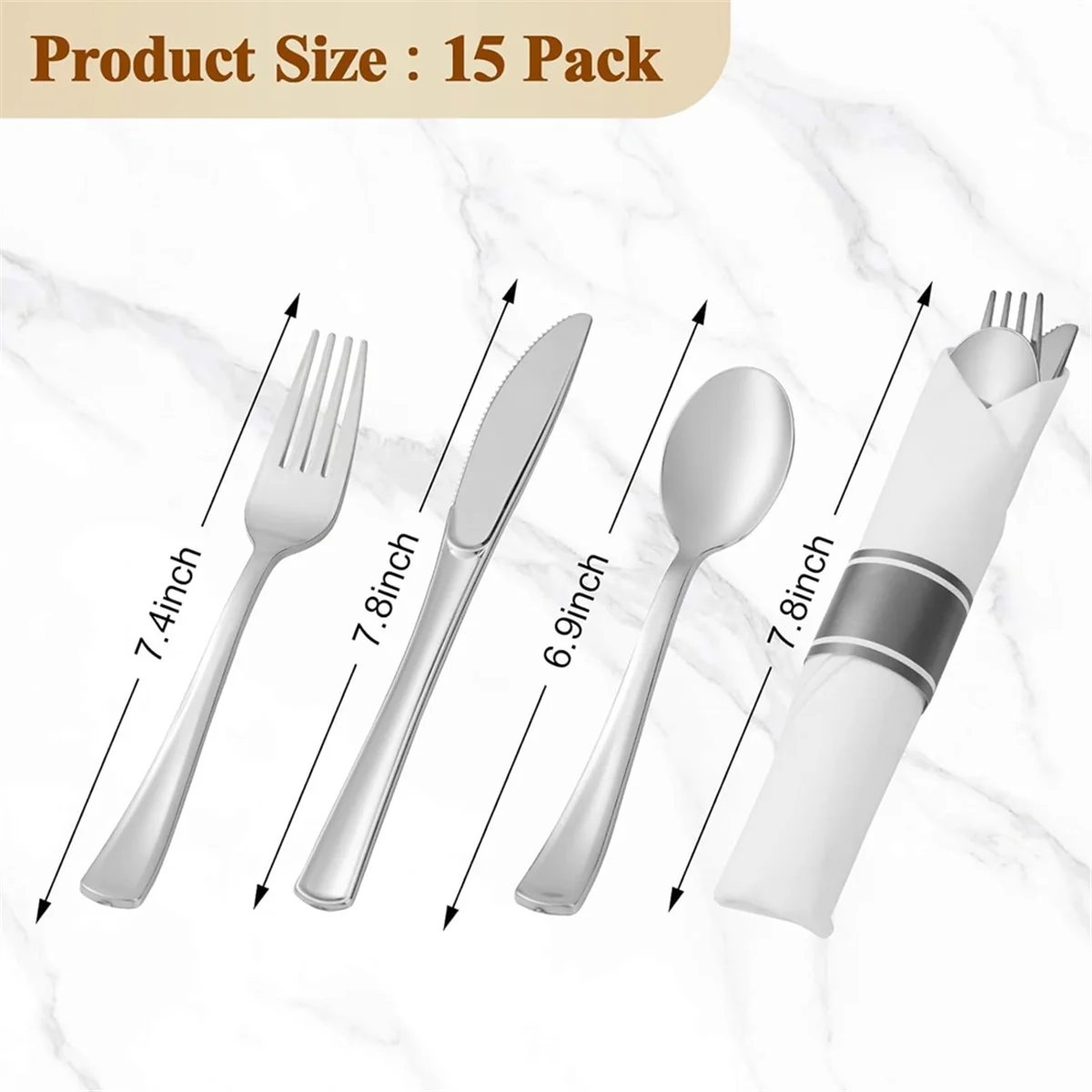 Pre Rolled Silver Plastic Silverware Set,Pre Rolled Napkins with Silver Cutlery Set for Party,Birthday Silver