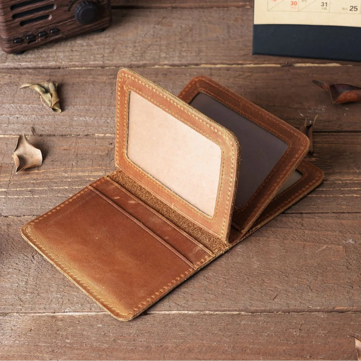 Vintage Men's Wallet Genuine Leather  Credit Card Holder Wallet Short Drivers License 5 Transparent Windows ID Card Cases