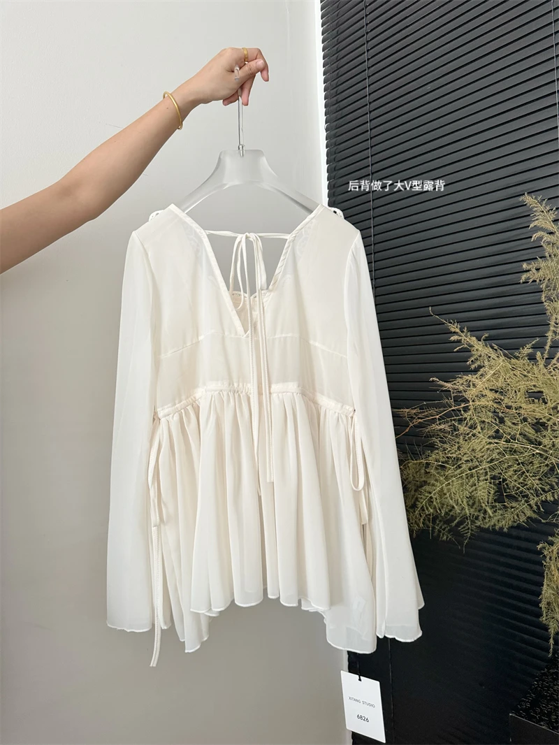 Women Off White Shirts and Blouses Y2k Harajuku Aesthetic 2000s Elegant Fashion Square Collar Long Sleeve Shirt Vintage Clothes