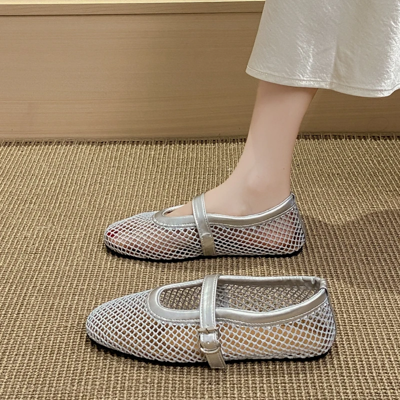 Summer Round Toe Fishnet Hollow Breathable Ballet Flats for Women 2026 New Fashion Buckle Design Versatile Casual Shoes
