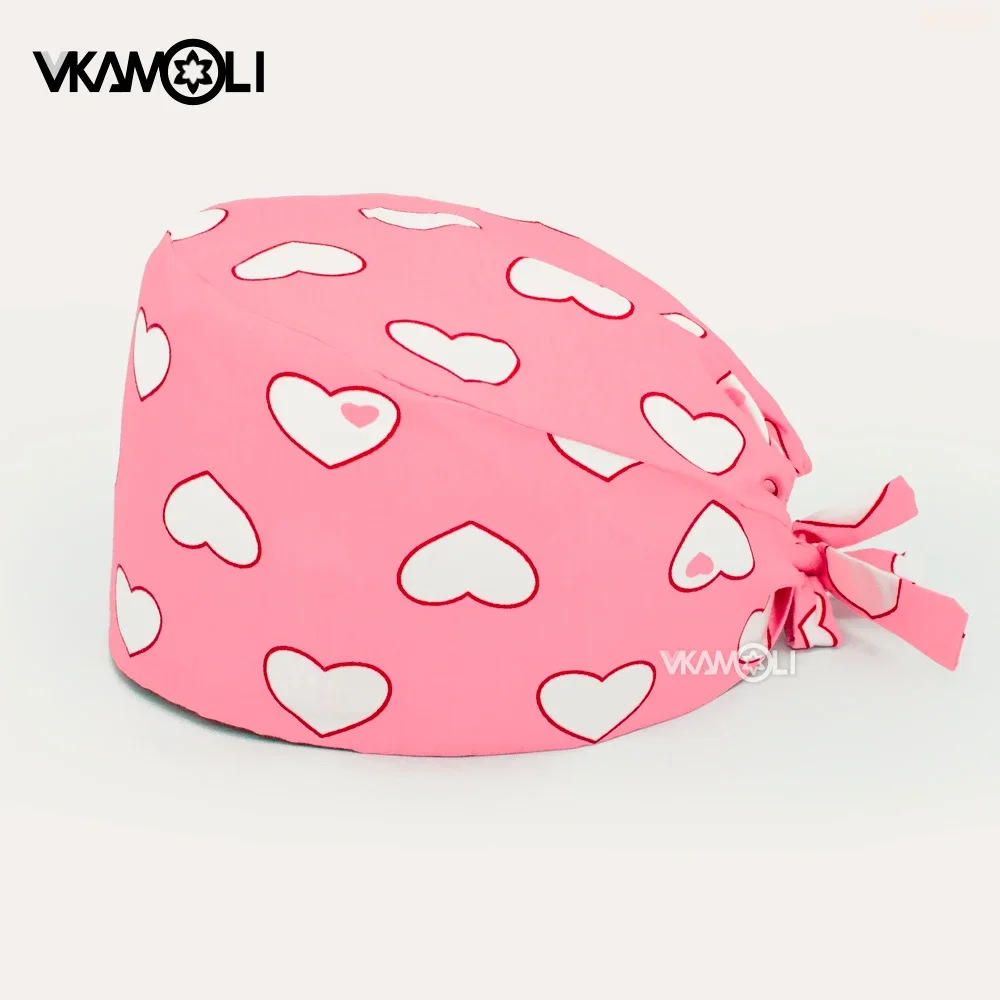 Gorro de algodón con estampado de dibujos animados para mujer, gorro ajustable para salón de belleza, enfermería, laboratorio, tienda de mascotas, venta al por mayor