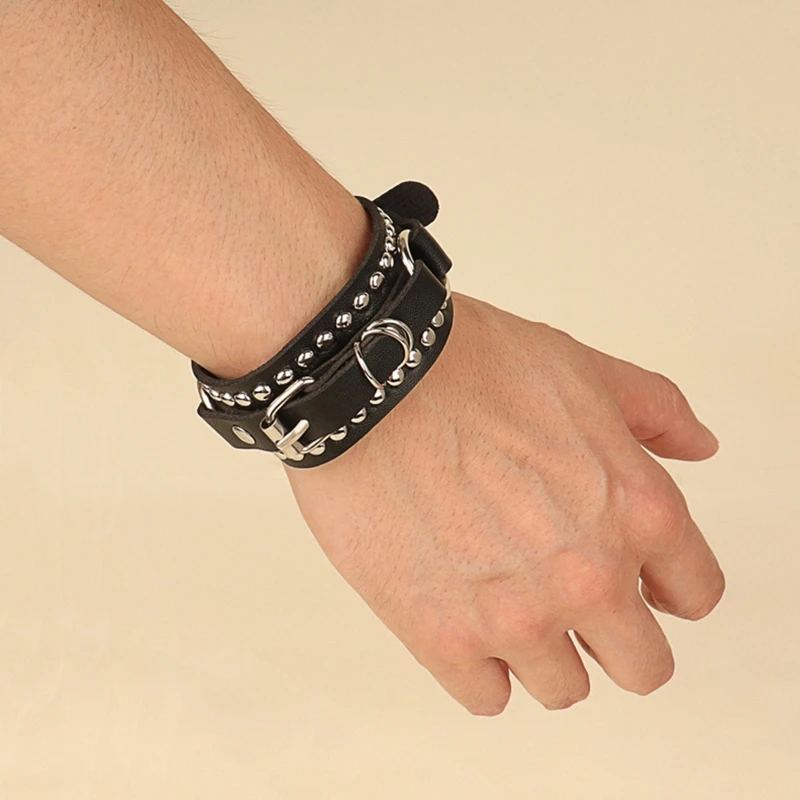 Punk Bracelet for Men Women Goth Black Leather Wristband with Metal Studded- Rivets Cuff Bangle Adjustable