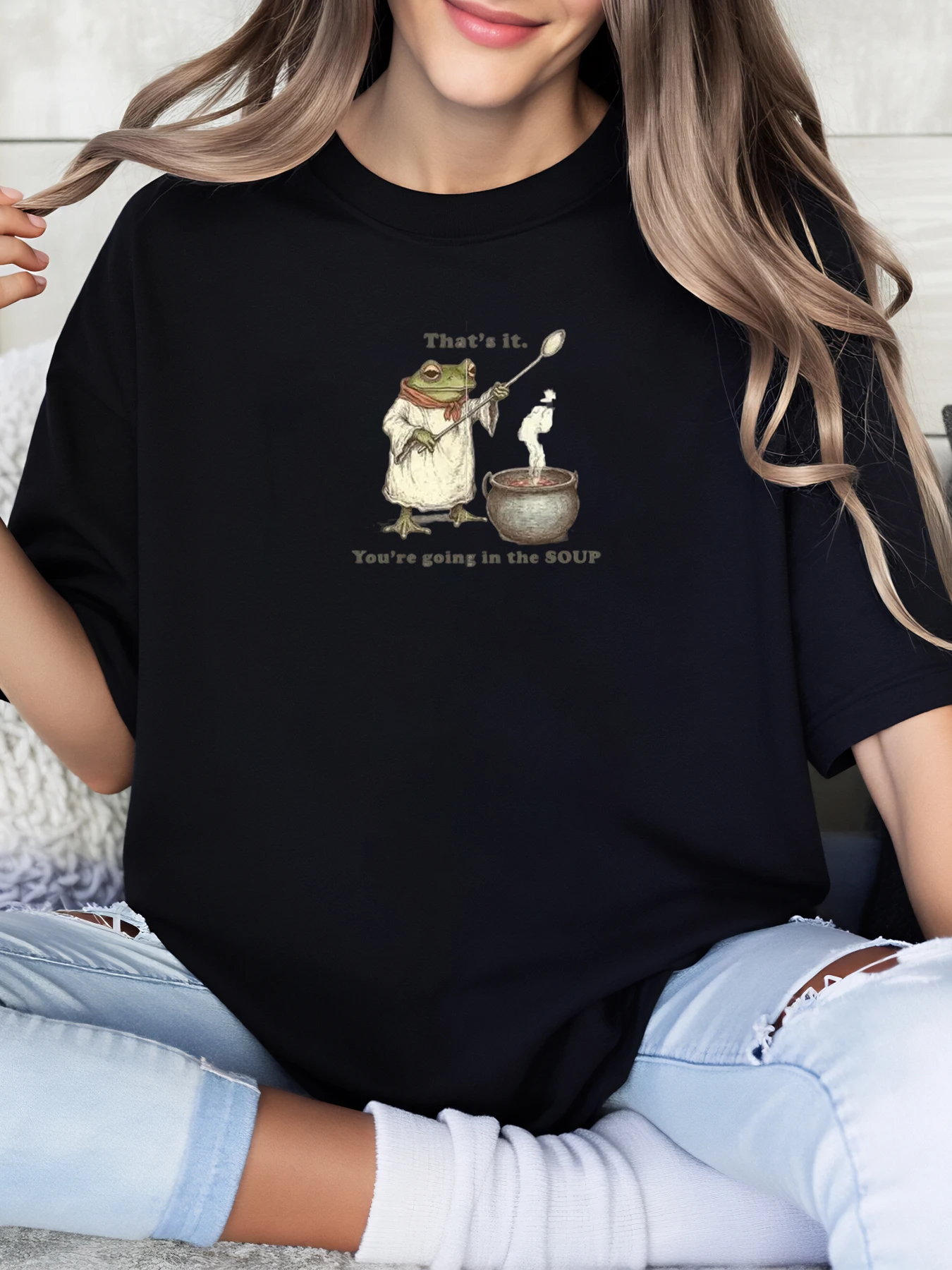 Frog Cooking Soup Print Halloween t Shirt Women Casual Wear Home Party Black Plus Size
