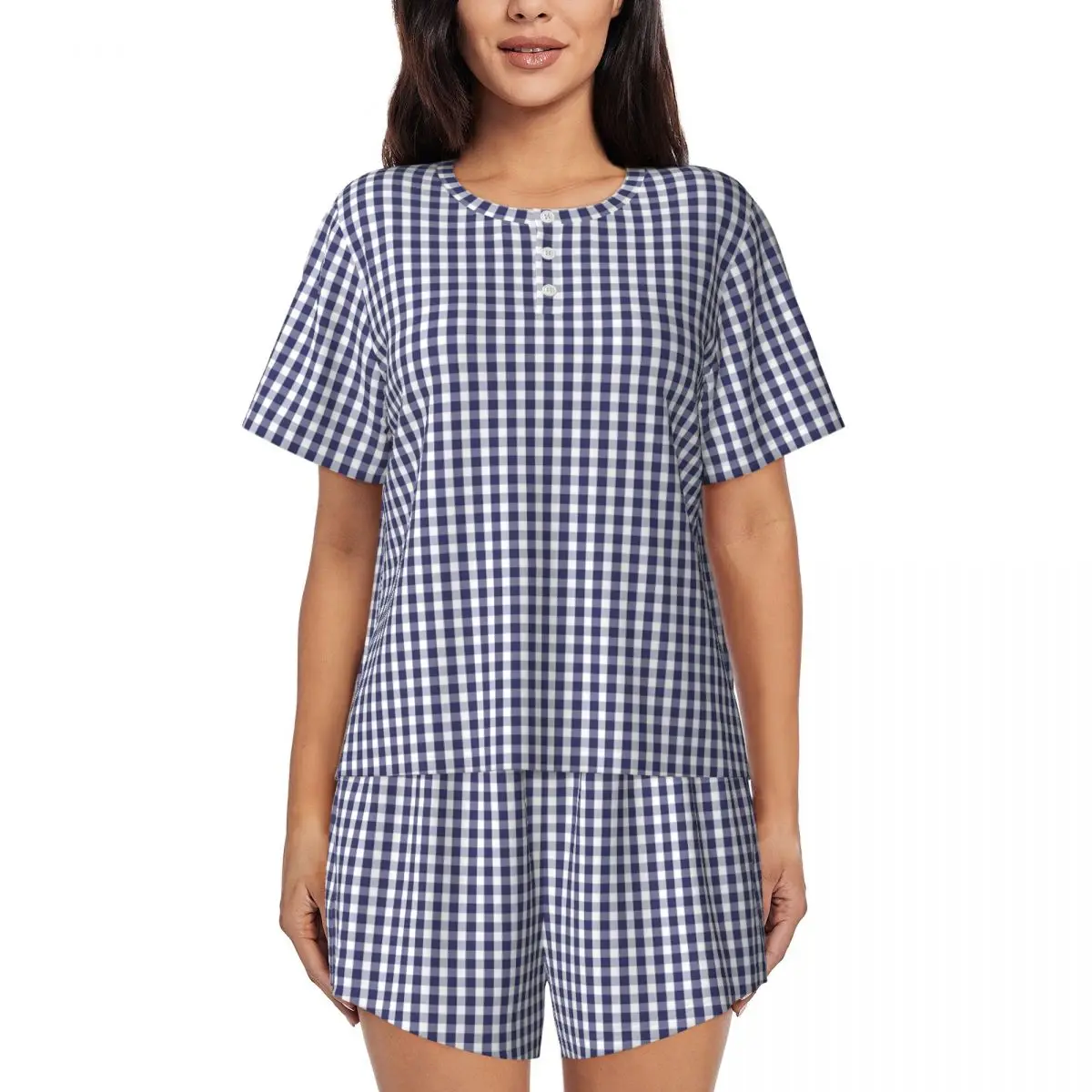 

Blue And White Gingham Pajamas Checked Short Sleeves Trendy Pajamas Set Two Piece Room Daily Custom Home Suit Gift Idea
