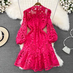 Runway Two Piece Dress Suits Women Sexy Hollow Out Lace Blouses Long Sleeve + Maxi Long Skirts Sets Summer Autumn Outfits