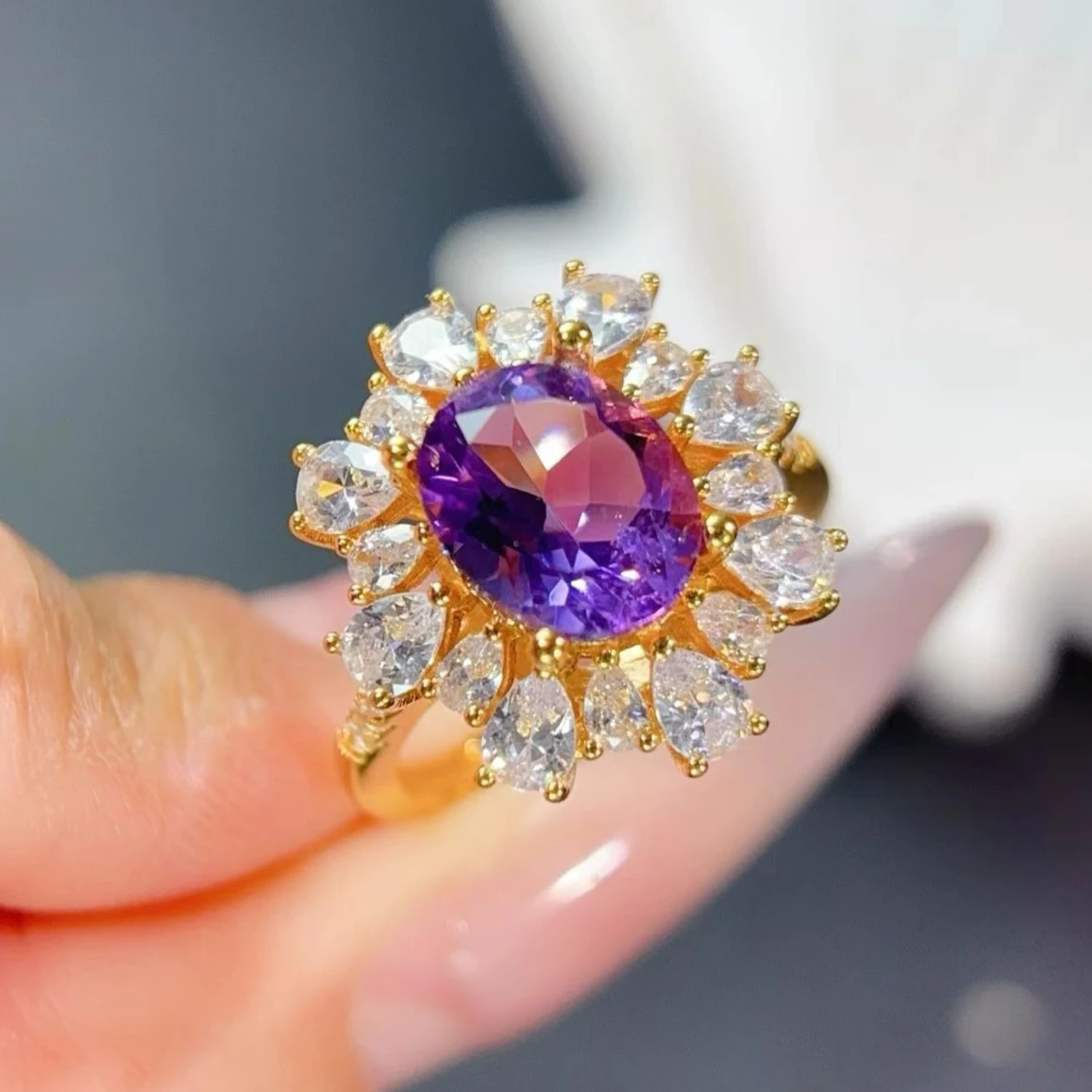 925 Sterling Silver Gold Plated Natural Amethyst Ring with Certificate 8x10mm 3ct Genuine Amethyst Jewelry Gift for Women