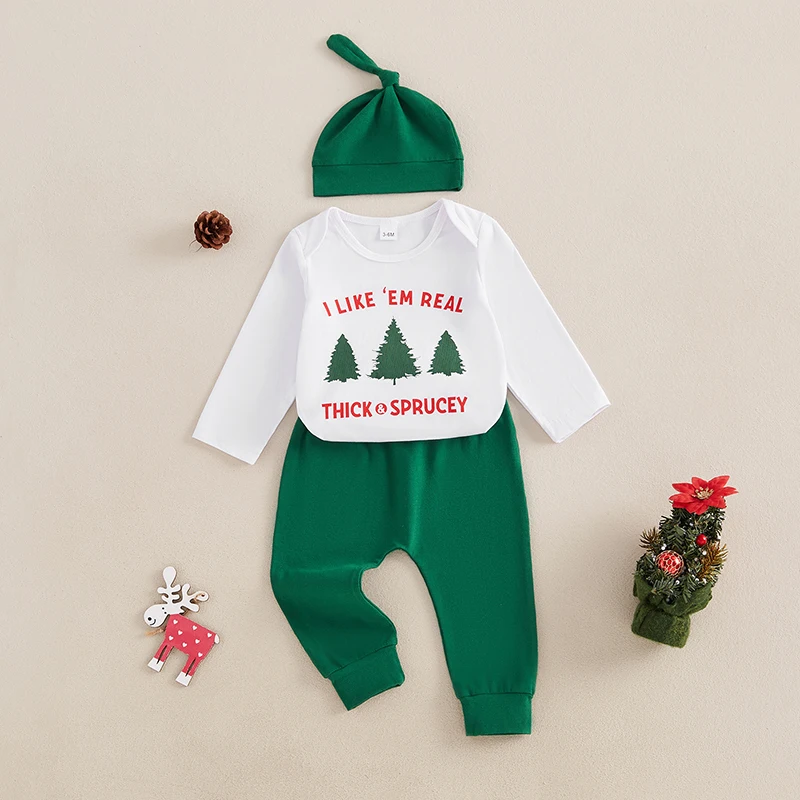 Tenue de Noël pour bébé, barboteuse à manches longues, pantalon et chapeau assortis, imprimé arbre, ensemble de vacances pour bébé garçon