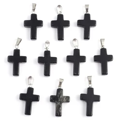 Charms 12pcs Natural Black Agates Pendant Cross Shape Natural Stone Pendant for Making DIY Jewelry Necklace Accessory 35x19mm