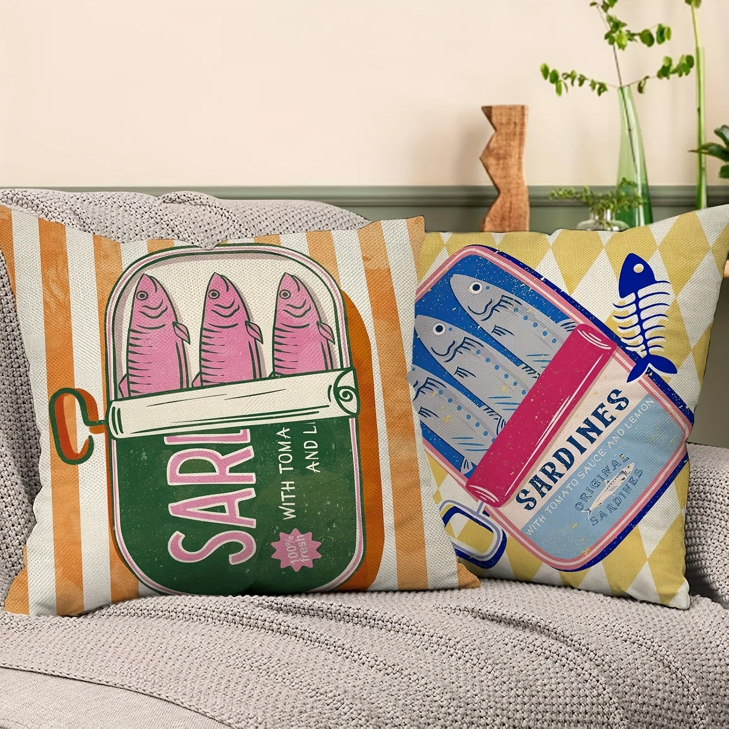 4Pcs Retro Coastal Throw Pillow Covers with Hand Drawn Canned Fish Seafood Art Cushion Cases for Balcony Holiday Party Decor