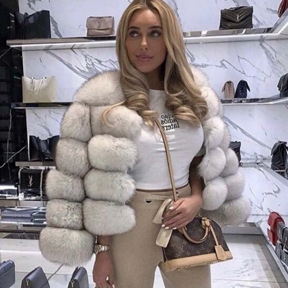 Autumn Winter Solid Round Neck Full Sleeve Coat Thick Warm Fox Short Open Stitch Elegant Splice Faux Fur Women Coats