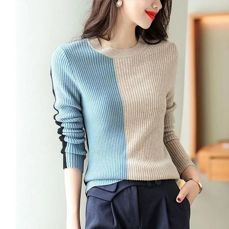 New Autumn and Winter Fashion High Grade Round Neck Color Matching Slim Fit Versatile Foreigner Long Sleeve Knitted Sweater